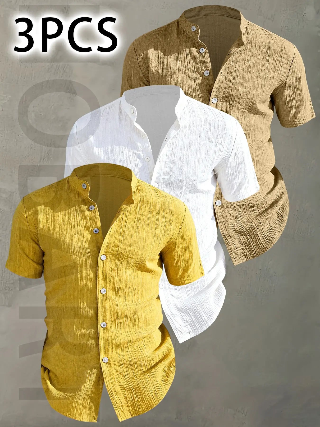 3pcs Men's Summer Lightweight Casual Button-Up Shirts with Stand Collar