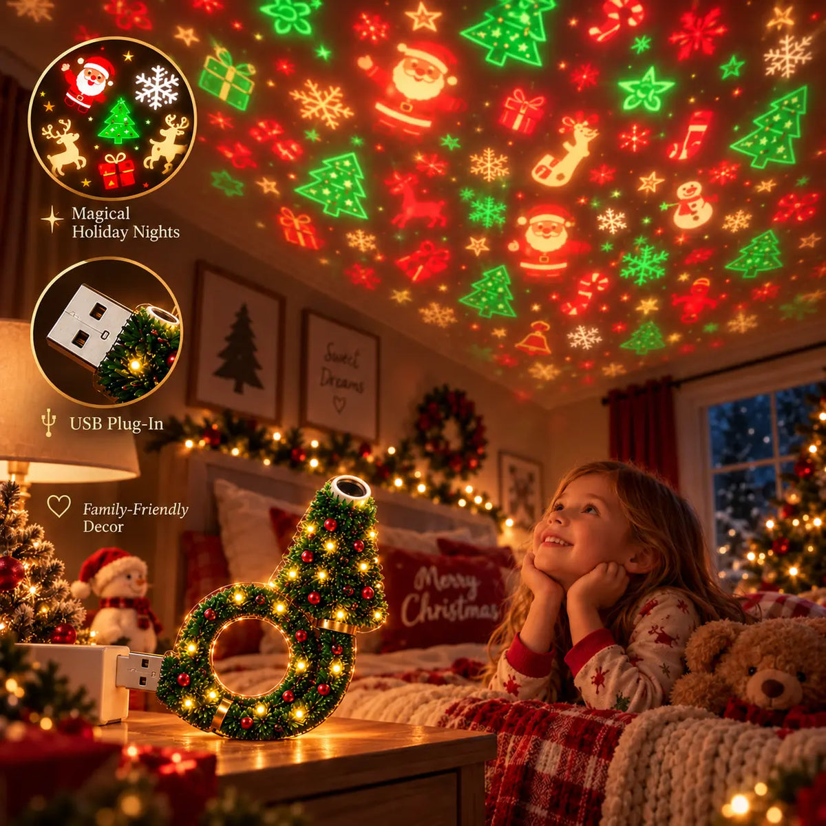 2026 New USB Plug-In Christmas Projector Night Light, 6+ Holiday Pattern Ceiling Lamp, Warm LED Christmas Tree Room Decor for Bedroom, Party & Holiday Gifts