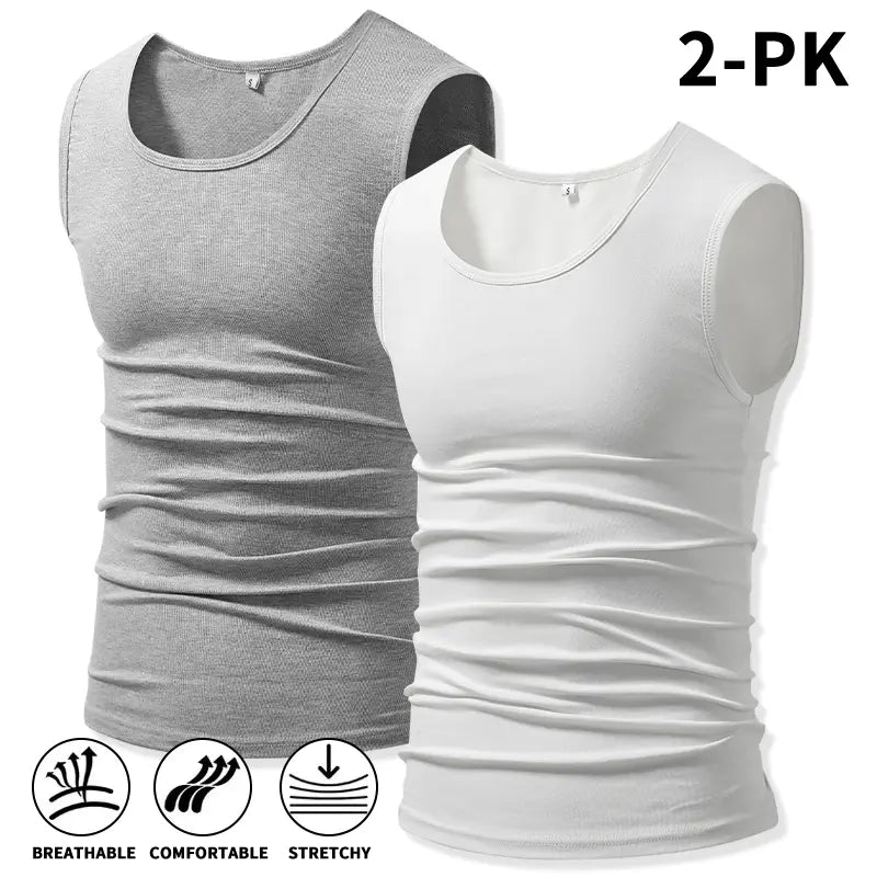 Men 4Pack Cotton Muscle Tank Tops Comfort Stretchy Breathable Summer Workout Sleeveless Sports Undershirts (optional sets of 4 or 2) High Elasticity Lifestyle Beater
