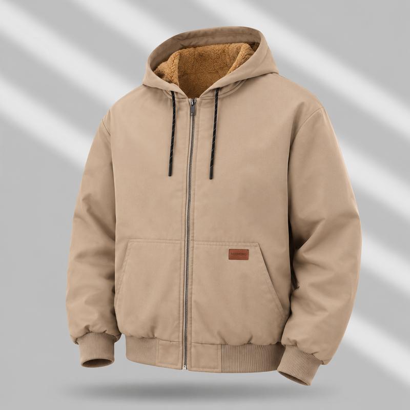 Men’s Fleece-Lined Hooded Winter Coat - Menswear Outerwear with Full Zipper, Windproof Design, Pockets, Plain Stylish Minimalist Look, 3 Colors, Ideal for Cold Weather Everyday Wear