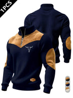 Men's Half-Zip Stand Collar Knit Top, Suede Texture Shoulder Patches, Bull Head Print, Slim Fit, Retro American Style, Casual Wear, Knitwear