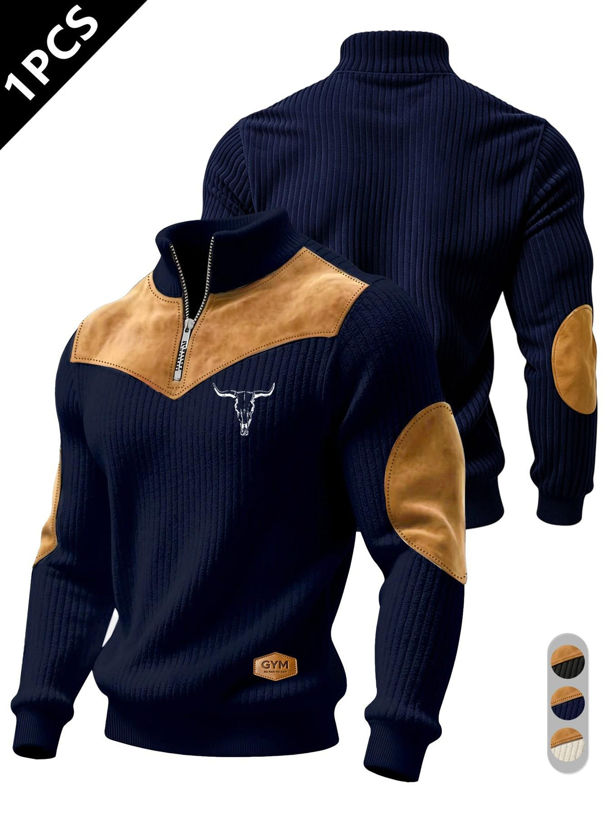Men's Half-Zip Stand Collar Knit Top, Suede Texture Shoulder Patches, Bull Head Print, Slim Fit, Retro American Style, Casual Wear, Knitwear