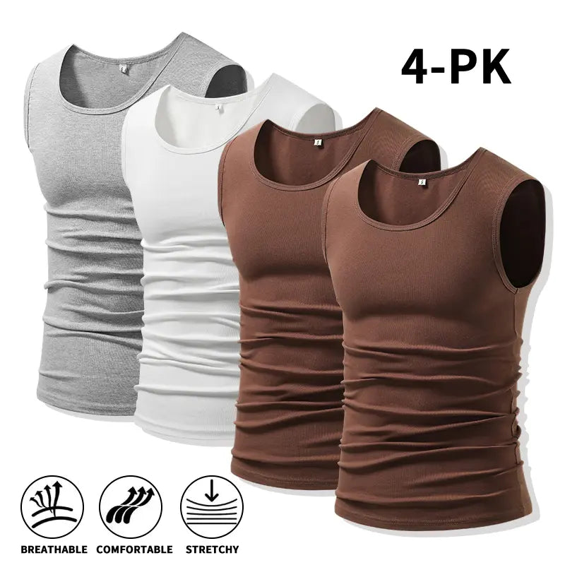Men 4Pack Cotton Muscle Tank Tops Comfort Stretchy Breathable Summer Workout Sleeveless Sports Undershirts (optional sets of 4 or 2) High Elasticity Lifestyle Beater
