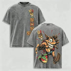 Men's Vintage 90s Crash Bandicoot Oversized Heavyweight Cotton Short-Sleeve Tee - Aku Aku Mask Graphic, Retro Platform Game Streetwear, Cotton Graphic Tees for Gaming Fans, Shortsleeve