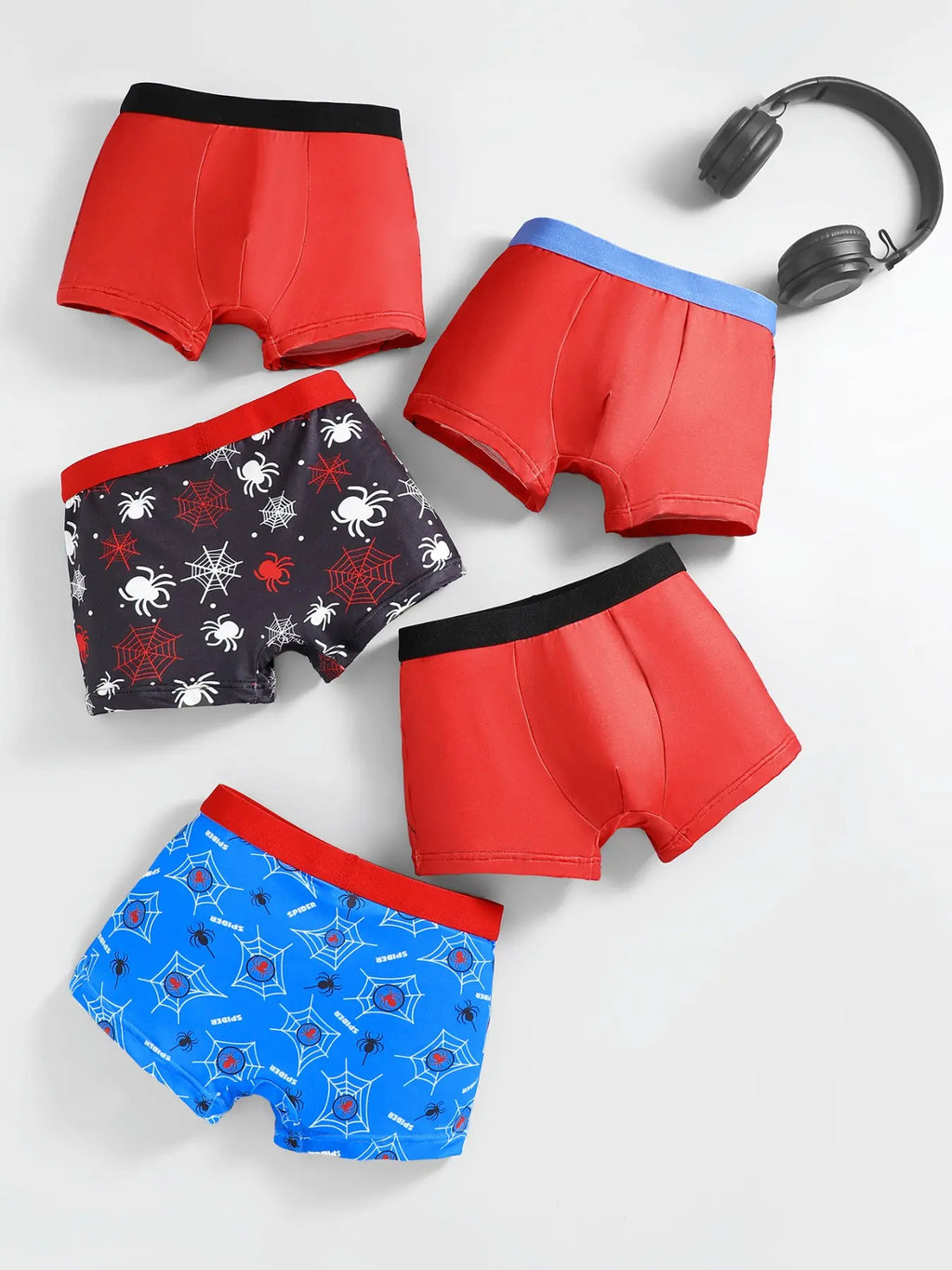 5-Pack Boys' Underwear Set, Spider Print Cartoon Design, Soft & Comfortable, Casual Street Style, Suitable for Ages 4-10, Printed Underwear