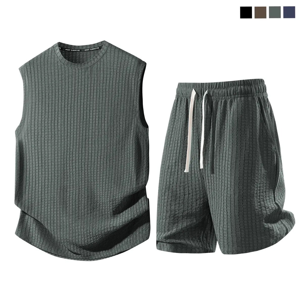 Men's 2-Piece Plain Waffle Knit Sports Clothing Set - Sleeveless Round Neck Tank Top, Elastic Waist Drawstring Casual Shorts, Breathable Comfortable Summer Apparel for Workout, Daily Wear, Two Piece Set