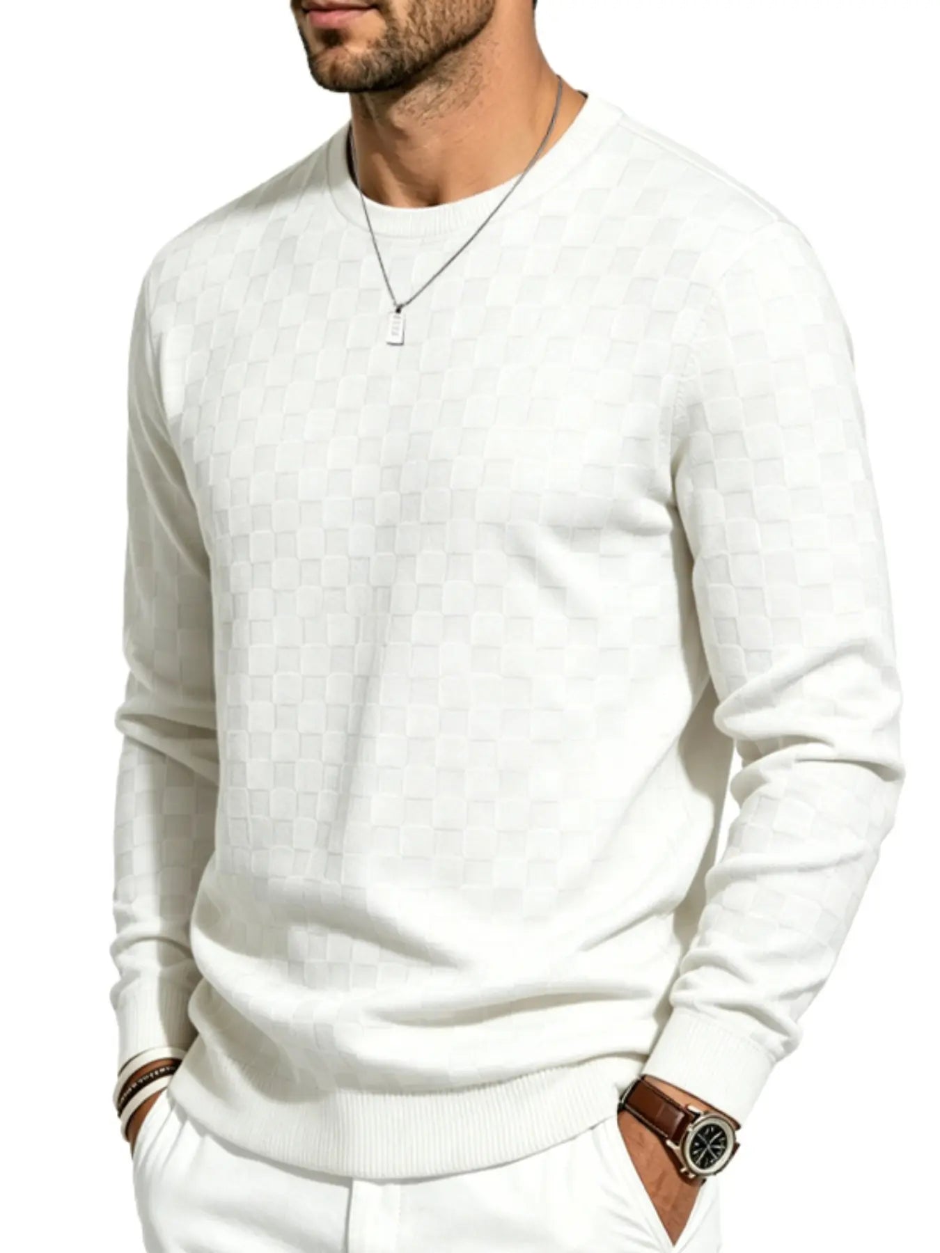 Men's Textured Checkered Knit Sweatshirt, Crew Neck Long Sleeve, Soft Lightweight Casual Top, Minimalist Fall/Winter Knitwear