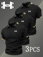 Men's Golf Polo Shirts Set, Fashion Logo Print, Fitted Trendy Casual Geometric Pattern, Breathable Stretchy Fabric, All-Season Comfort, Short Sleeve Polo, Collared Polo Shirts