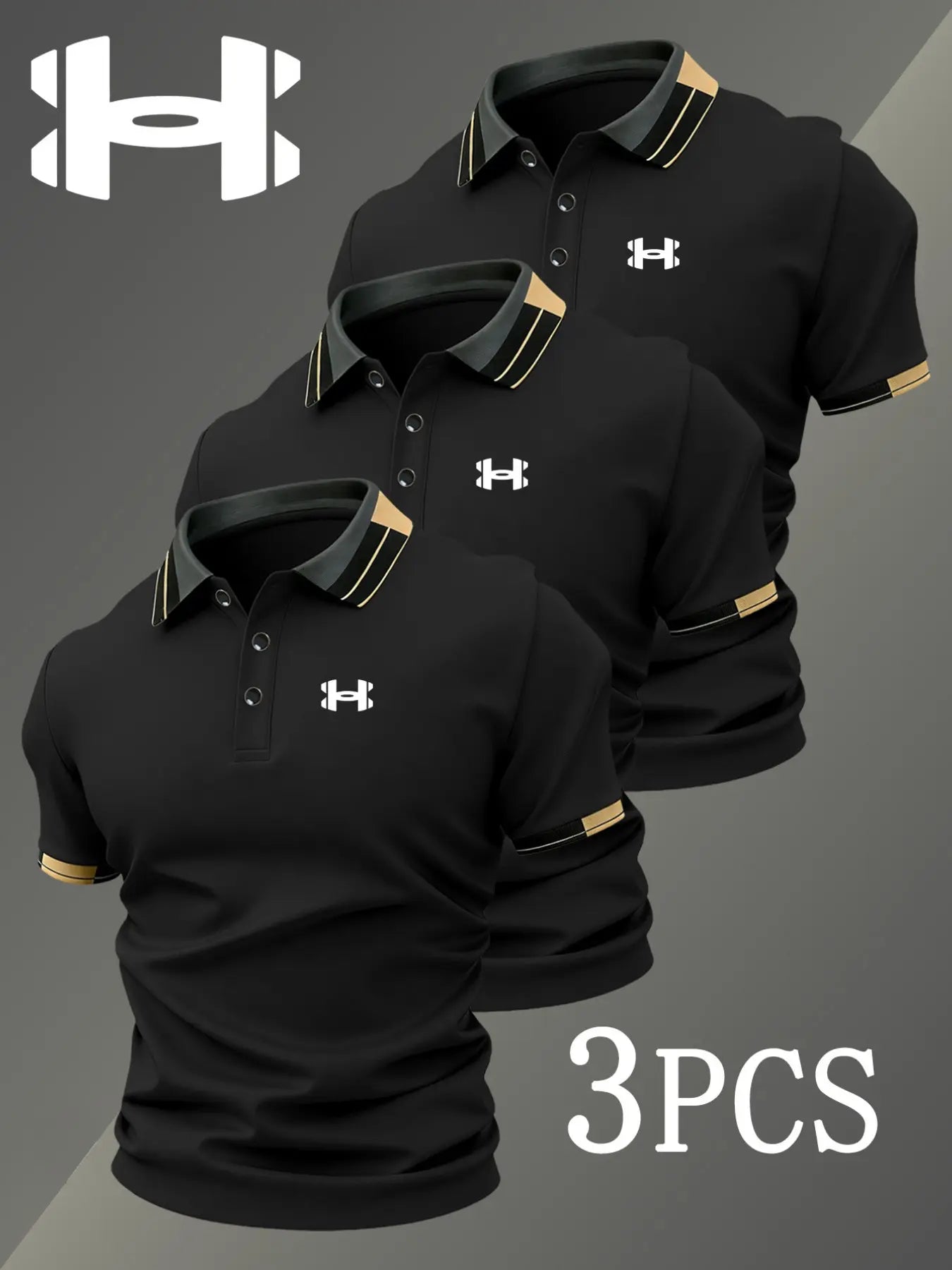 Men's Golf Polo Shirts Set, Fashion Logo Print, Fitted Trendy Casual Geometric Pattern, Breathable Stretchy Fabric, All-Season Comfort, Short Sleeve Polo, Collared Polo Shirts