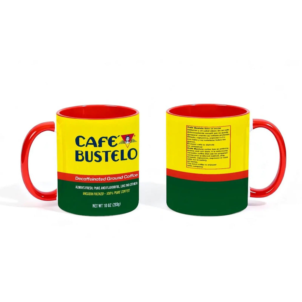 Café Bustelo Latin Ceramic Novelty Coffee Mug - Latin Artwork, Bold Colors, Black Accent, Microwave Safe Drinkware for Brazil & Colombia Themed Use, Washable Latino Gift