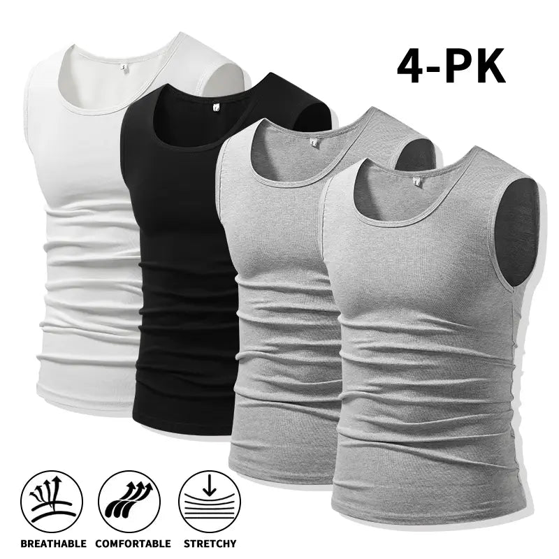 Men 4Pack Cotton Muscle Tank Tops Comfort Stretchy Breathable Summer Workout Sleeveless Sports Undershirts (optional sets of 4 or 2) High Elasticity Lifestyle Beater
