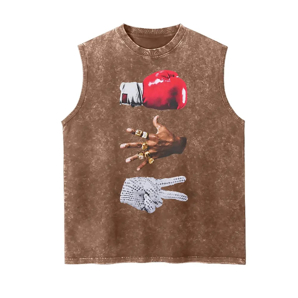 Retro Hip Hop "Boxing Championship Rings and Gloves" Graphic Vintage Washed Tank 90s Graphic Sleeveless Tank Tops Men Vest Streetwear Outfits Men Vacation Outfits Sleeveless Shirt