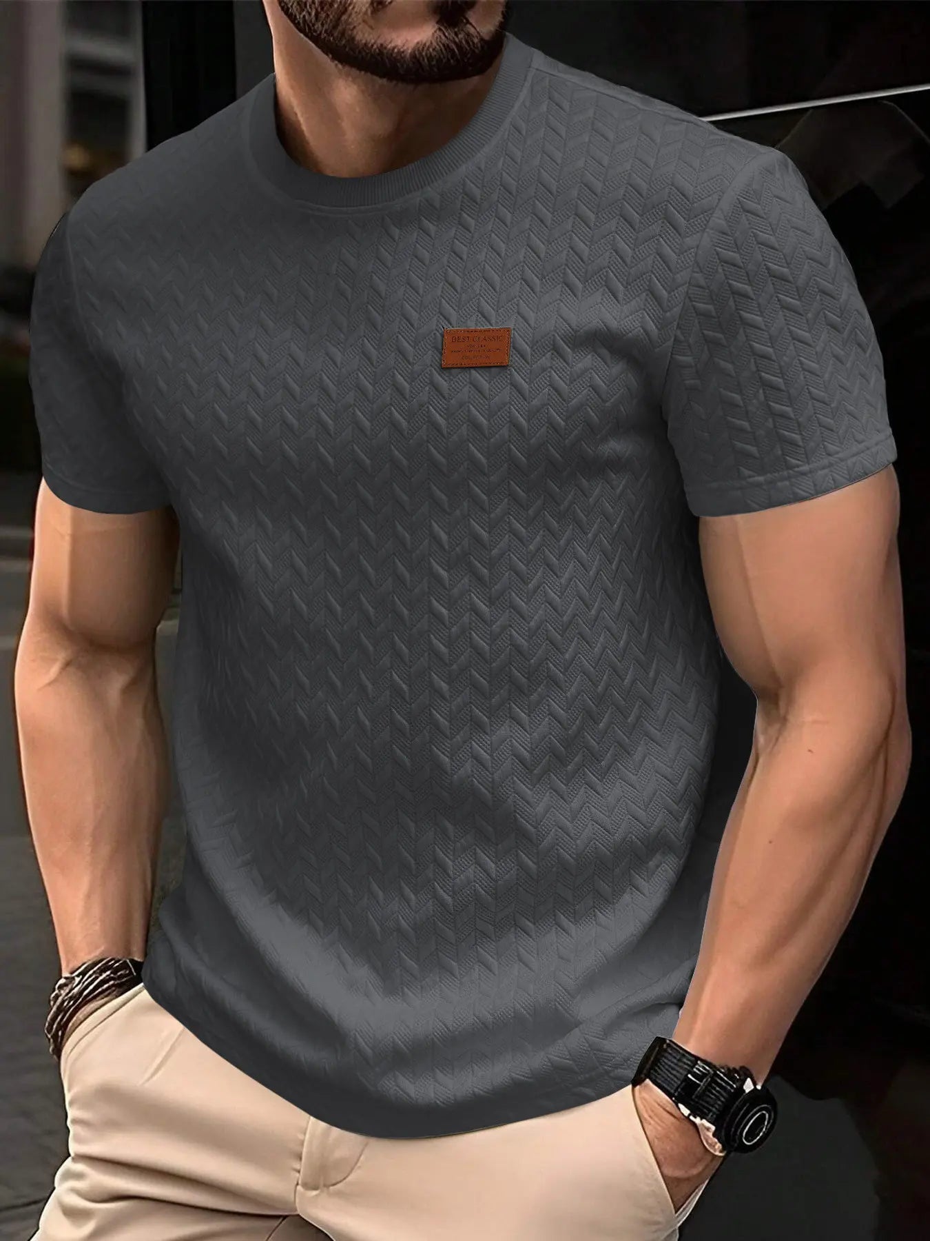 Men's Casual Textured Fabric Short Sleeve Fitted T-Shirt, Ribbed Round Neck Top, Summer Solid Color Plain Fashion Streetwear Men's Clothing, Menswear