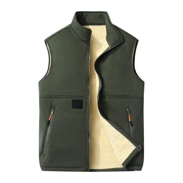 Men’s winter fleece-lined warm vest, sleeveless with full zipper closure and zippered pockets, available in multiple colors.