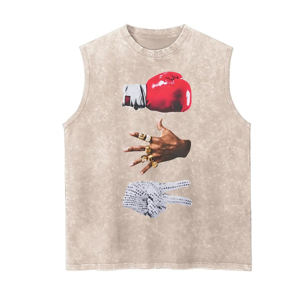 Retro Hip Hop "Boxing Championship Rings and Gloves" Graphic Vintage Washed Tank 90s Graphic Sleeveless Tank Tops Men Vest Streetwear Outfits Men Vacation Outfits Sleeveless Shirt