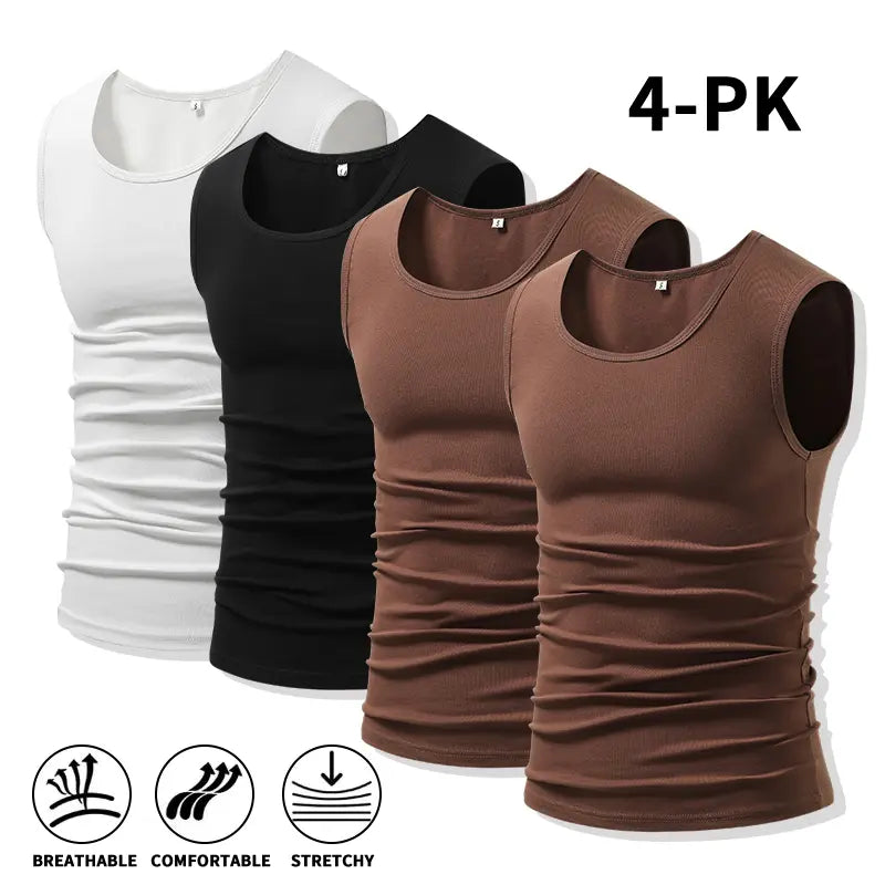Men 4Pack Cotton Muscle Tank Tops Comfort Stretchy Breathable Summer Workout Sleeveless Sports Undershirts (optional sets of 4 or 2) High Elasticity Lifestyle Beater