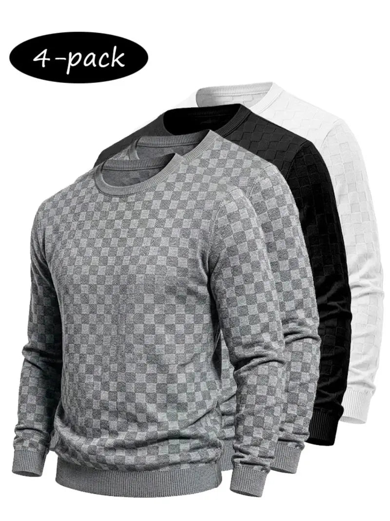 4-Pack Men's Plaid Knit Sweatshirts, Textured Grid Pattern Long Sleeve, Soft Lightweight Casual Top, Ideal for Fall Winter Streetwear