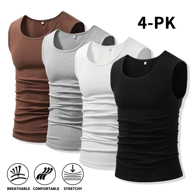 Men 4Pack Cotton Muscle Tank Tops Comfort Stretchy Breathable Summer Workout Sleeveless Sports Undershirts (optional sets of 4 or 2) High Elasticity Lifestyle Beater