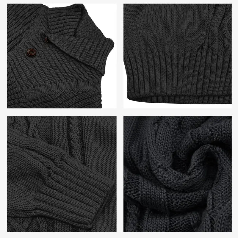 Wizoat Men's Clothing Long Sleeve Shawl Collar Cable Knit Button Fit Knitted Pullover Knitwear - Plain Black, Soft, Relaxed-Fit, Ribbed Cuffs Casual Top, Warm Fall Winter Layer for Daily Office, Matches Shirts Jeans, Hand Wash,sohochic