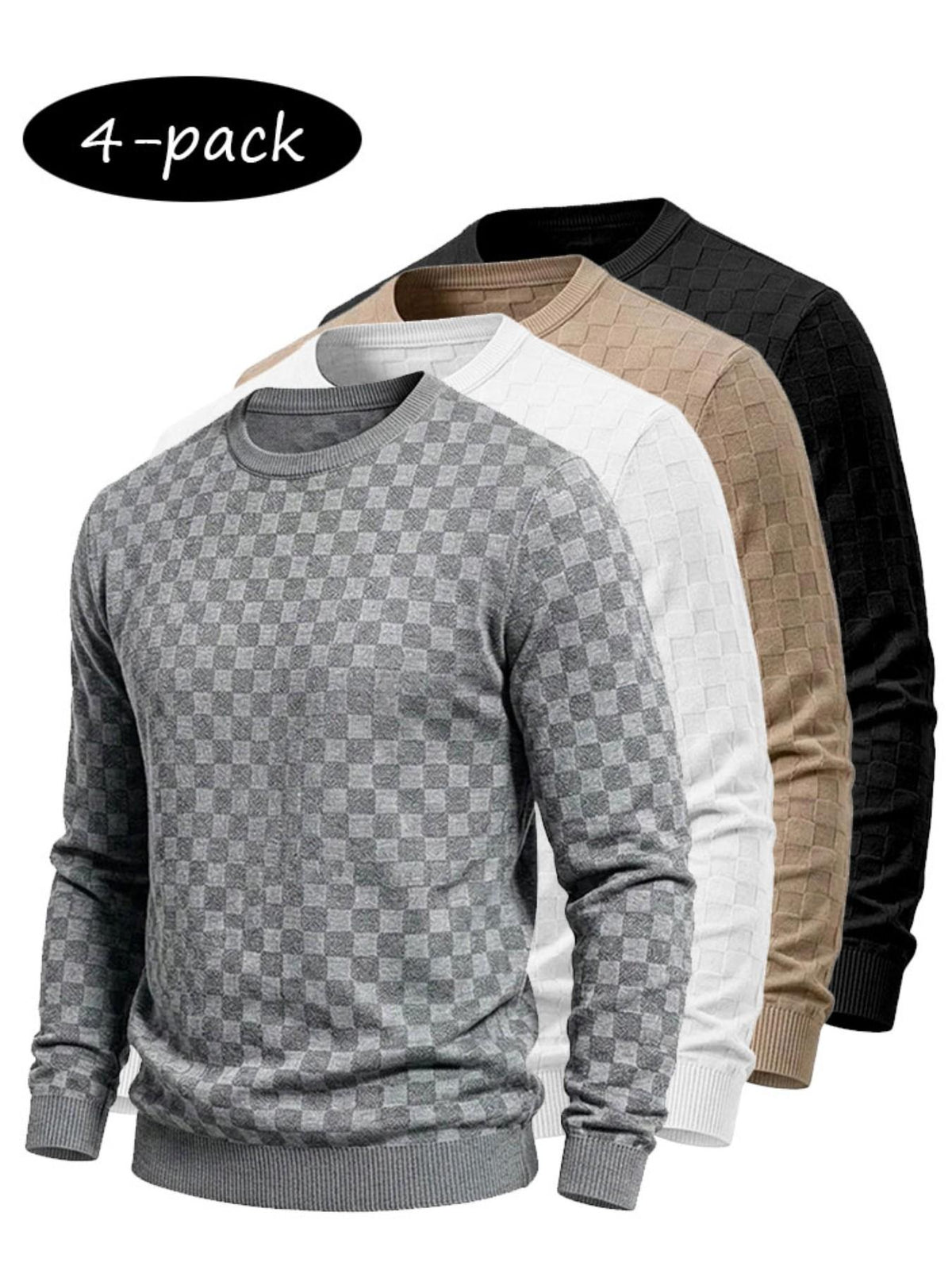 4-Pack Men's Plaid Knit Sweatshirts, Textured Grid Pattern Long Sleeve, Soft Lightweight Casual Top, Ideal for Fall Winter Streetwear