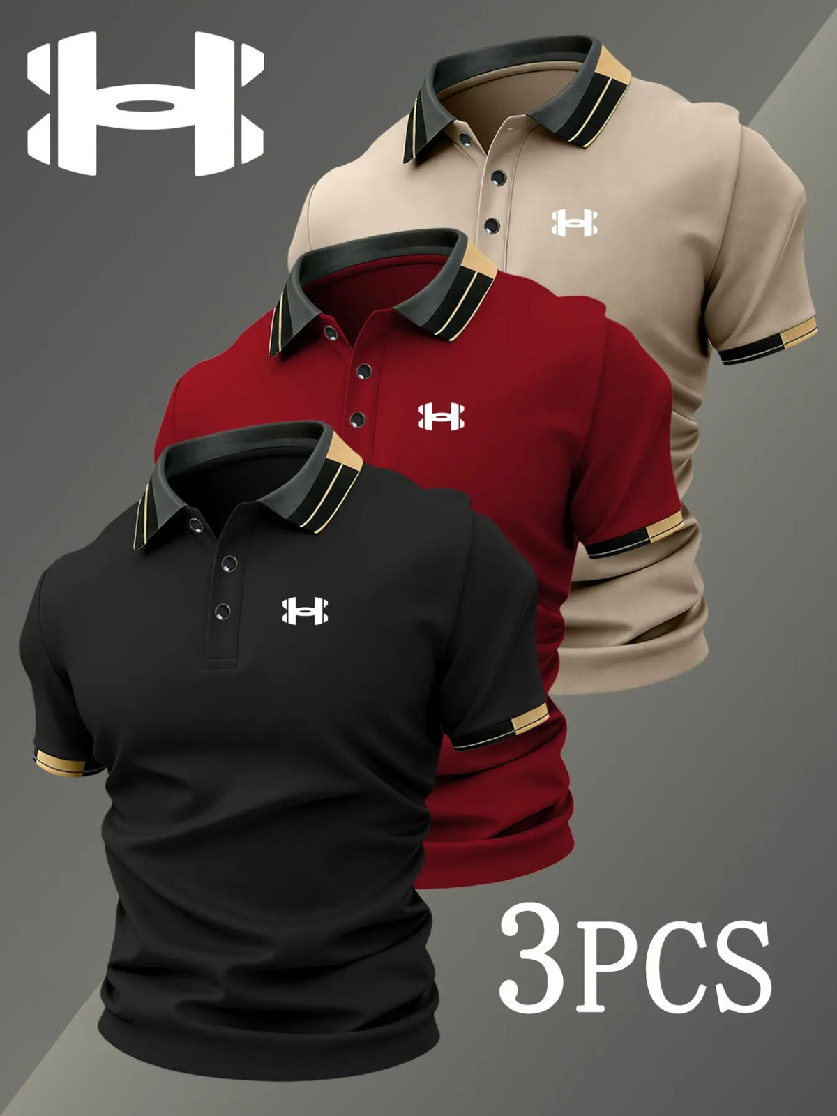 Men's Golf Polo Shirts Set, Fashion Logo Print, Fitted Trendy Casual Geometric Pattern, Breathable Stretchy Fabric, All-Season Comfort, Short Sleeve Polo, Collared Polo Shirts