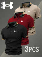 Men's Golf Polo Shirts Set, Fashion Logo Print, Fitted Trendy Casual Geometric Pattern, Breathable Stretchy Fabric, All-Season Comfort, Short Sleeve Polo, Collared Polo Shirts