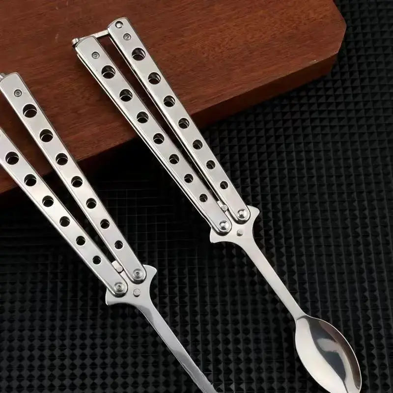 2 Pcs Butterfly Fork and Spoon Set, Tactical Butterfly Spoon Folding Stainless Steel Spork Utensil Set Balisong Trainer for Travel Camping Hunting BBQ Kitchen