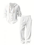 2-Piece Set Men's lightweight Trendy Hooded，Made From Soft Linen，Casual Vacation Style, Loose Fit Breathable Fabric,Long Hoodie & Wide-Leg Pants, Summer Wear outdoorfun Sweatshirt Clothes Fashion Trouser