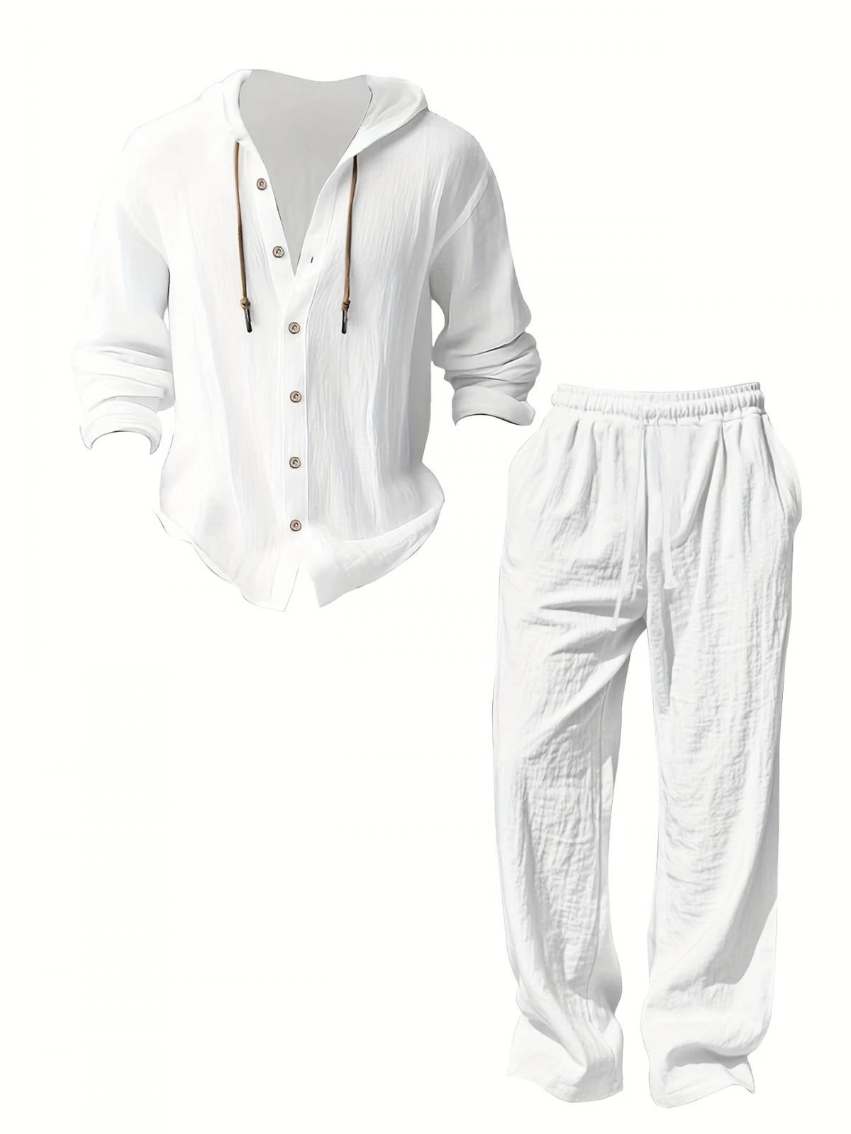 2-Piece Set Men's lightweight Trendy Hooded，Made From Soft Linen，Casual Vacation Style, Loose Fit Breathable Fabric,Long Hoodie & Wide-Leg Pants, Summer Wear outdoorfun Sweatshirt Clothes Fashion Trouser