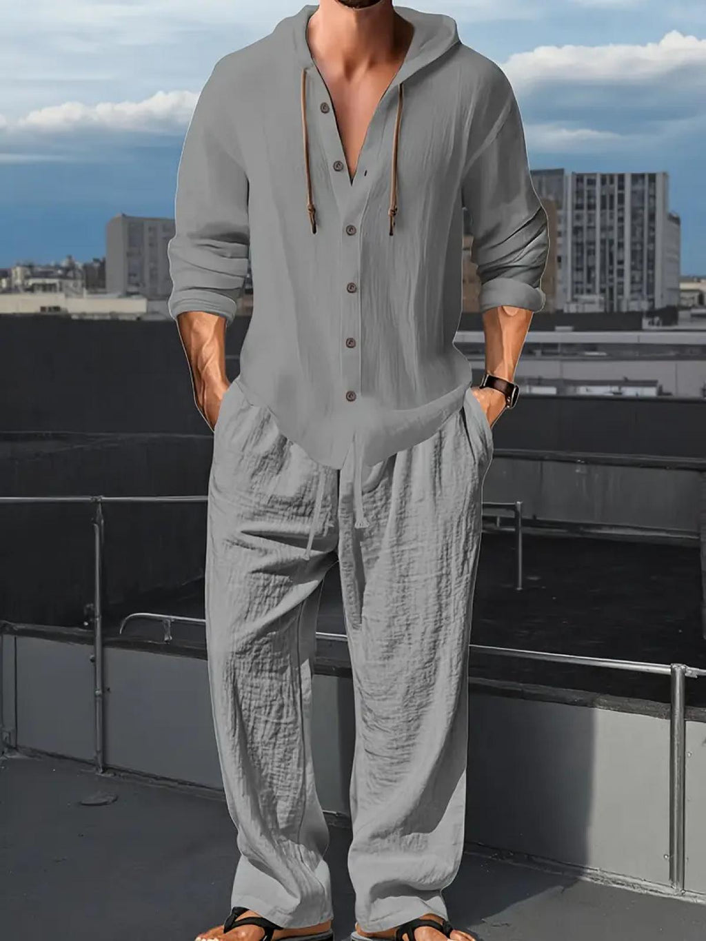 2-Piece Set Men's lightweight Trendy Hooded，Made From Soft Linen，Casual Vacation Style, Loose Fit Breathable Fabric,Long Hoodie & Wide-Leg Pants, Summer Wear outdoorfun Sweatshirt Clothes Fashion Trouser