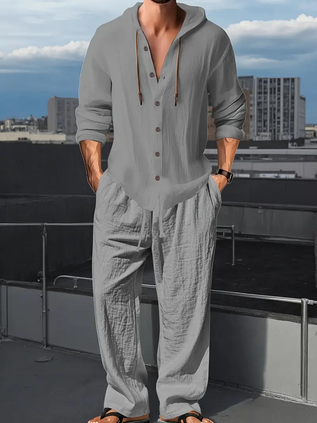2-Piece Set Men's lightweight Trendy Hooded，Made From Soft Linen，Casual Vacation Style, Loose Fit Breathable Fabric,Long Hoodie & Wide-Leg Pants, Summer Wear outdoorfun Sweatshirt Clothes Fashion Trouser