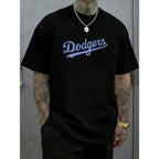 Men's Athletic Graphic Loose-Fit Short-Sleeve Round Neck T-Shirt - Blue Baseball-Style Sports Top, Soft Breathable Streetwear, Suited for Casual Summer, Vintage-Inspired Looks, Shortsleeve, Tshirt