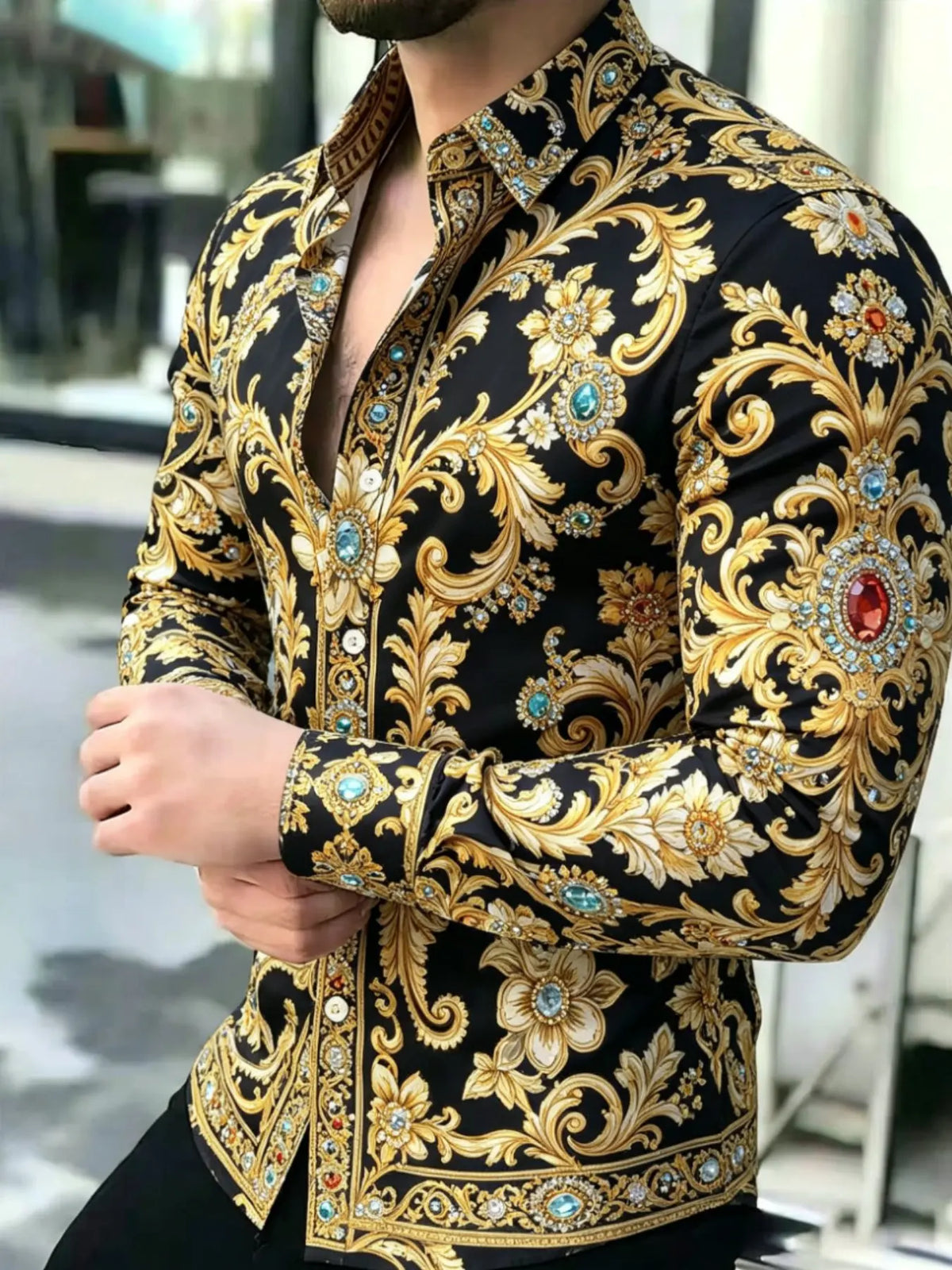 Men's Vintage Baroque Print Long Sleeve Shirt, Casual Collared Top, Collared Button Down, Button Front Shirts, Slim-Fitting, All Seasons, Classic Style, Comfortable and Stylish