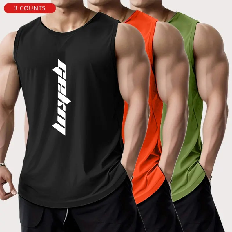 3-Pack Men's Letter Print Basketball Jersey Tank Tops - Breathable Polyester Mesh