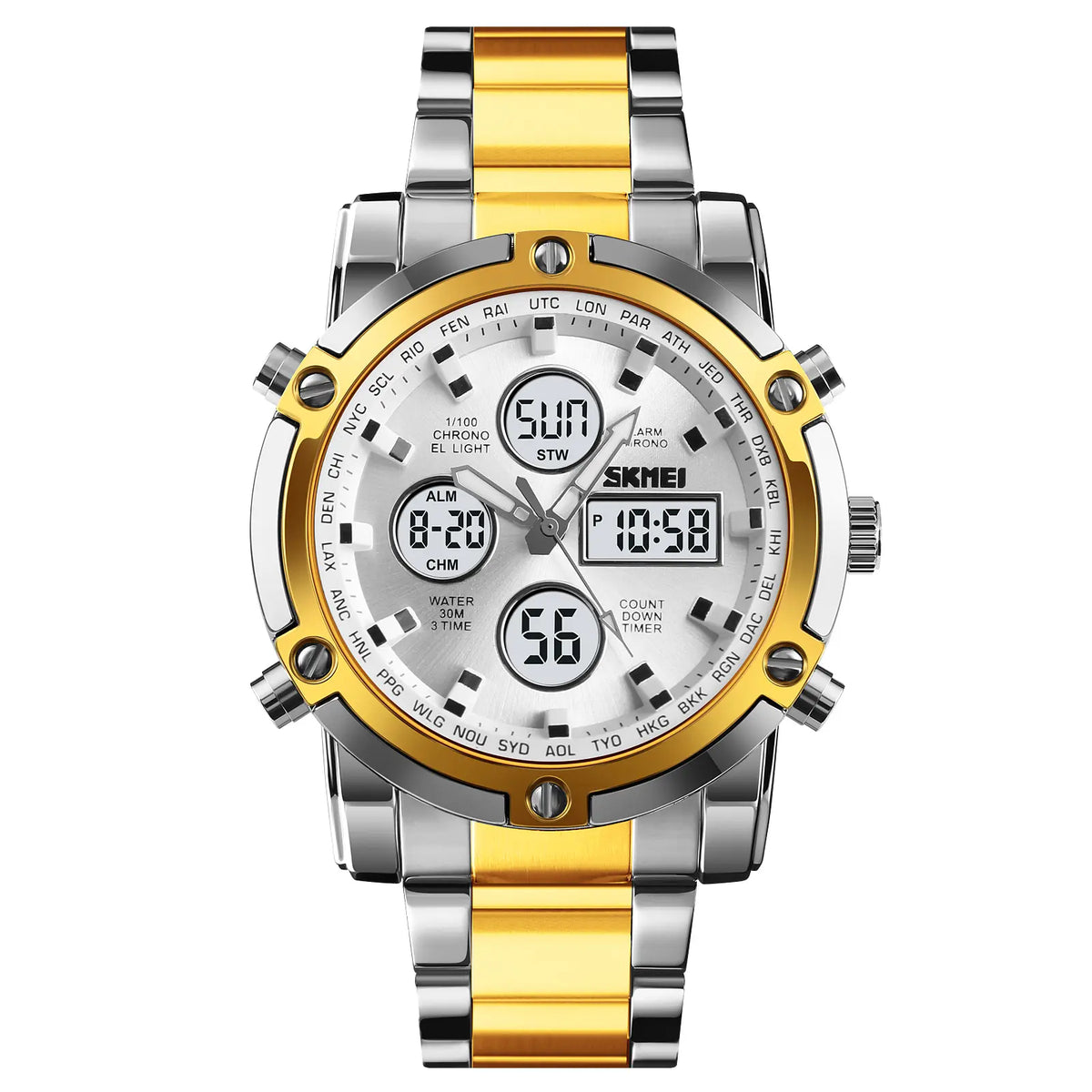 SKMEI Luxe Men's Casual Trendy Wristwatch - 2-Tone Stainless Steel Analog-Digital, 3 Time Zones, Illuminated Screen, Backlight, Alarm, Waterproof Chronograph Watch, Birthday Gift for Him