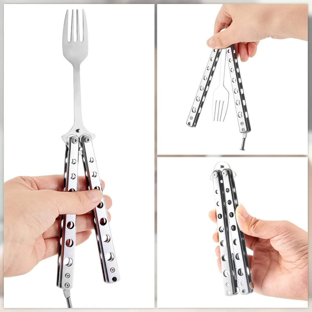 2 Pcs Butterfly Fork and Spoon Set, Tactical Butterfly Spoon Folding Stainless Steel Spork Utensil Set Balisong Trainer for Travel Camping Hunting BBQ Kitchen