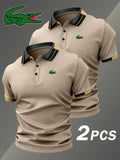 Men's Crocodile Print Polo Shirt, Elastic Classic Casual Breathable, Four-Season Wear, Comfortable Durable Polo, Two-Piece Set