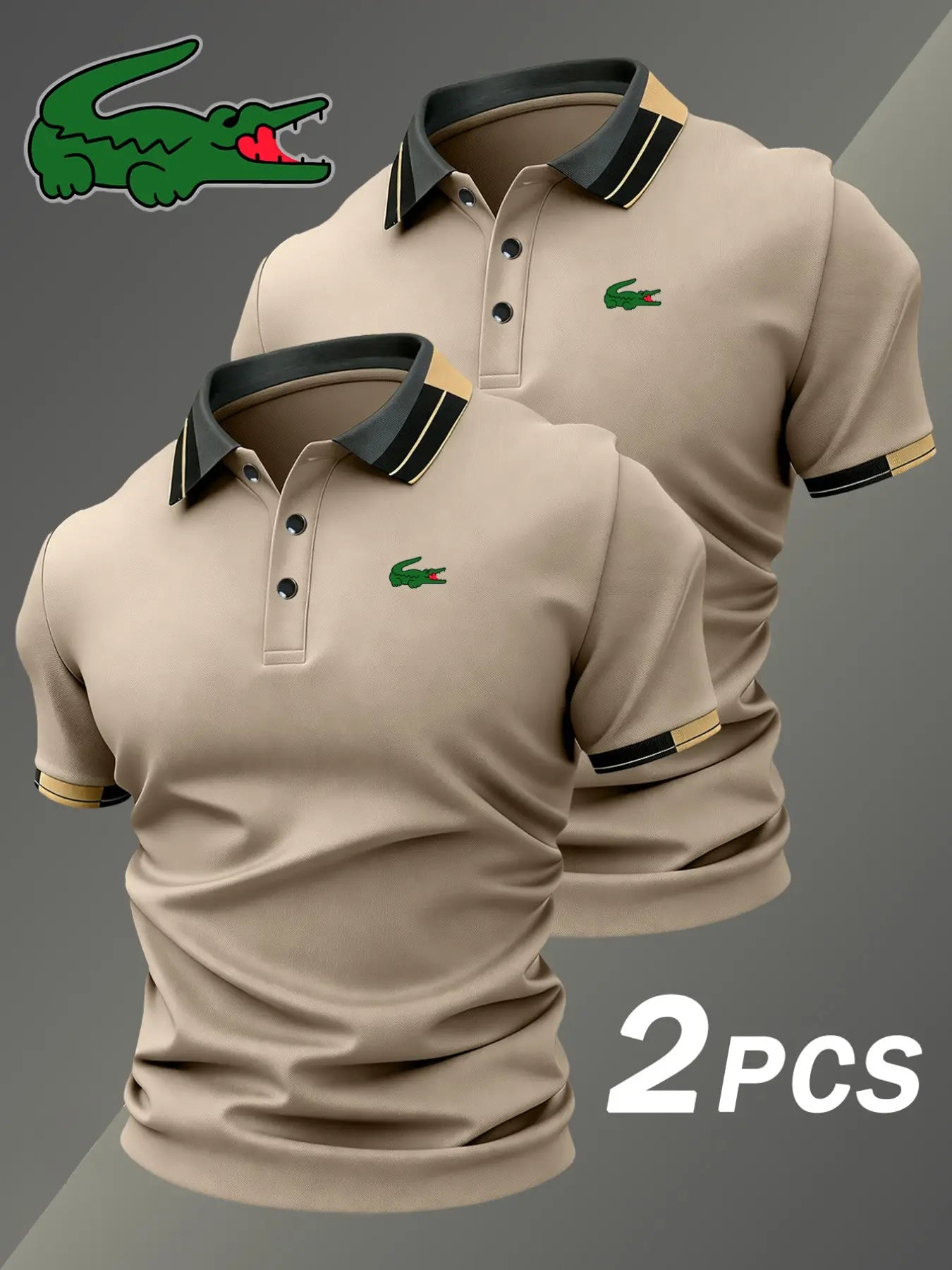 Men's Crocodile Print Polo Shirt, Elastic Classic Casual Breathable, Four-Season Wear, Comfortable Durable Polo, Two-Piece Set