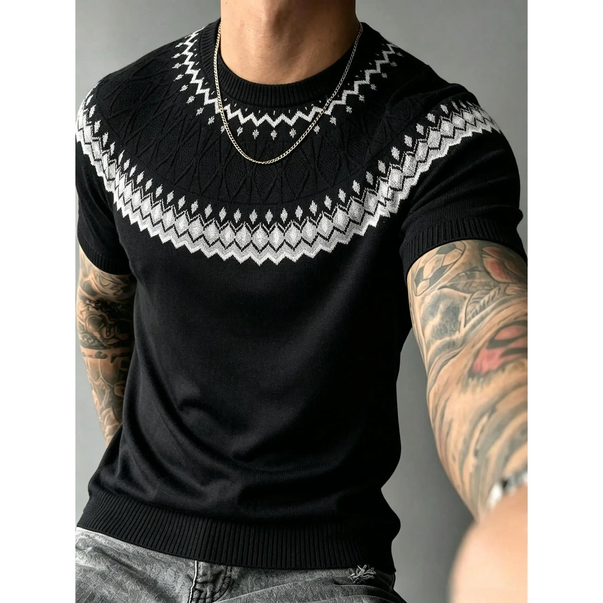Short sleeve crew neck knit sweater with vintage fair isle jacquard yoke pattern, fine soft knit ribbed trim tailored slim silhouette retro casual top staple for layered modern street mensfashion styling