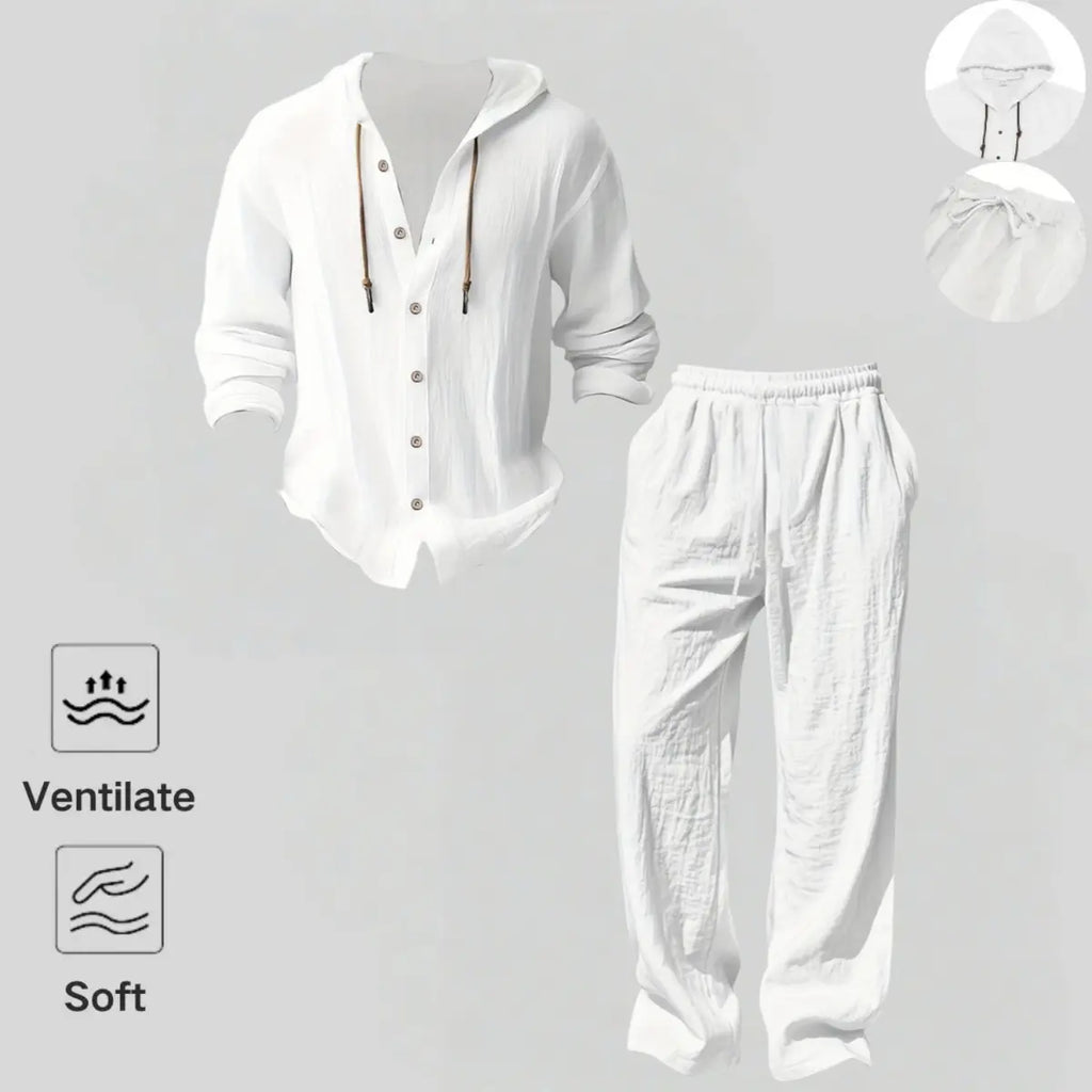 Men's 2-Piece Linen Hooded Lounge Set – Lightweight Loose Fit Hoodie & Wide-Leg Pants