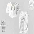 Men's 2-Piece Linen Hooded Lounge Set – Lightweight Loose Fit Hoodie & Wide-Leg Pants
