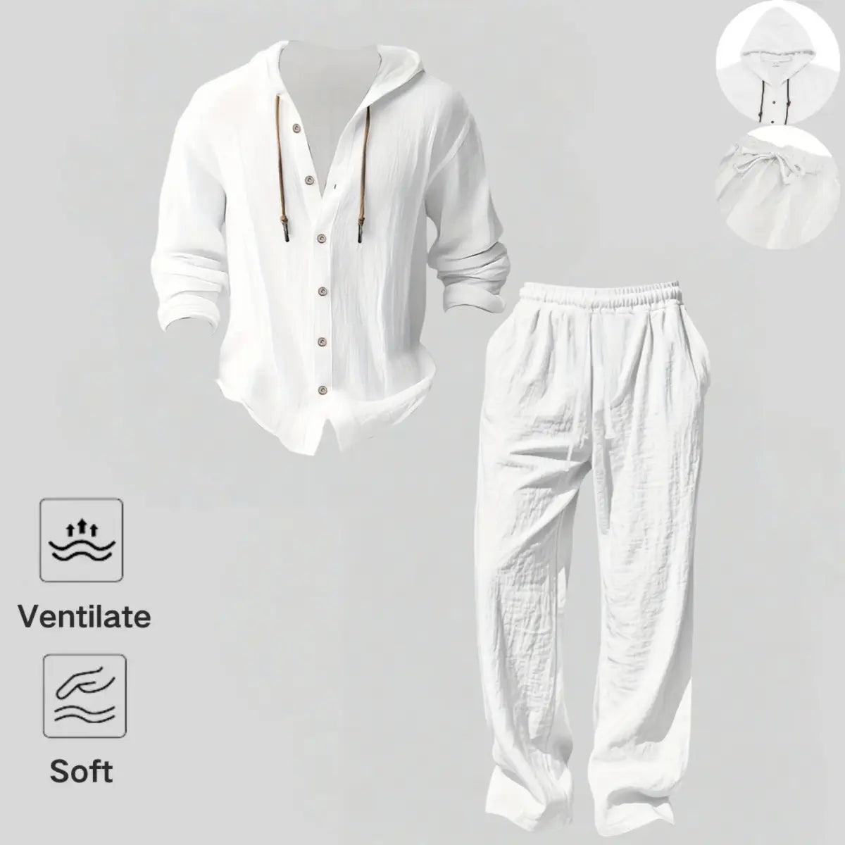 Men's 2-Piece Linen Hooded Lounge Set – Lightweight Loose Fit Hoodie & Wide-Leg Pants