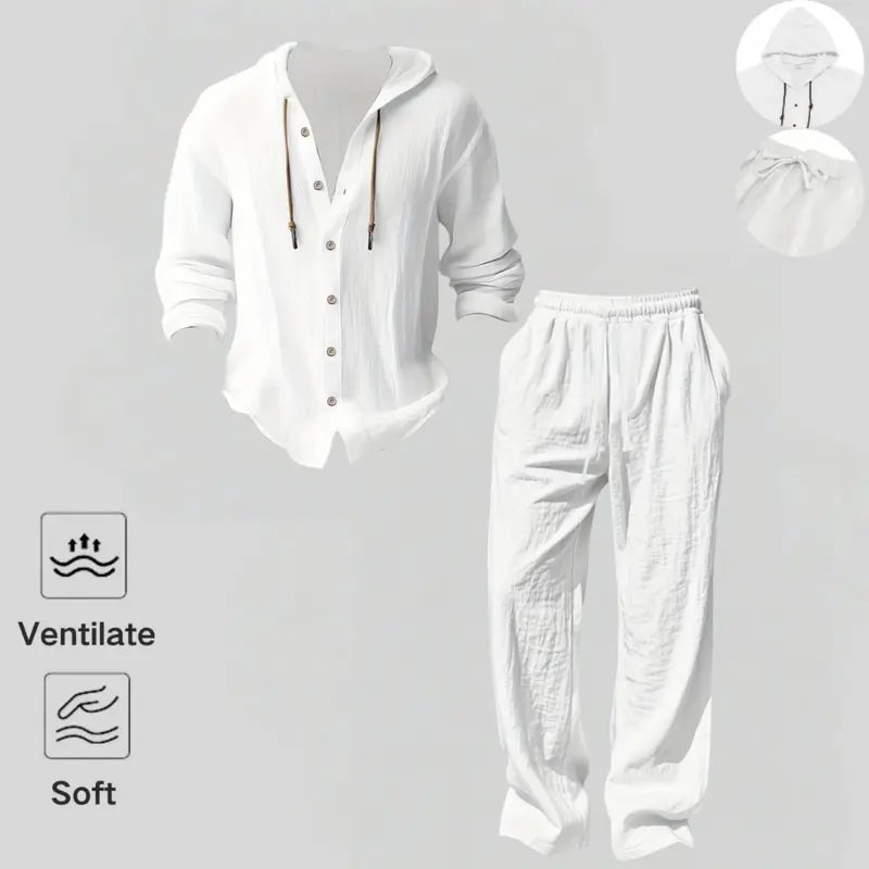 2-Piece Set Men's lightweight Trendy Hooded，Made From Soft Linen，Casual Vacation Style, Loose Fit Breathable Fabric,Long Hoodie & Wide-Leg Pants, Summer Wear outdoorfun Sweatshirt Clothes Fashion Trouser