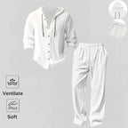 2-Piece Set Men's lightweight Trendy Hooded，Made From Soft Linen，Casual Vacation Style, Loose Fit Breathable Fabric,Long Hoodie & Wide-Leg Pants, Summer Wear outdoorfun Sweatshirt Clothes Fashion Trouser