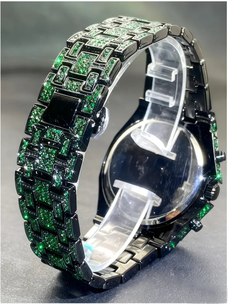 Men's Quartz Watch with Rhinestones, Luxury Ice-Dial Hip-Hop Watch with Full Artificial Water Diamonds, Rhinestone Decorated Watch, Fashionable Stylish Watch