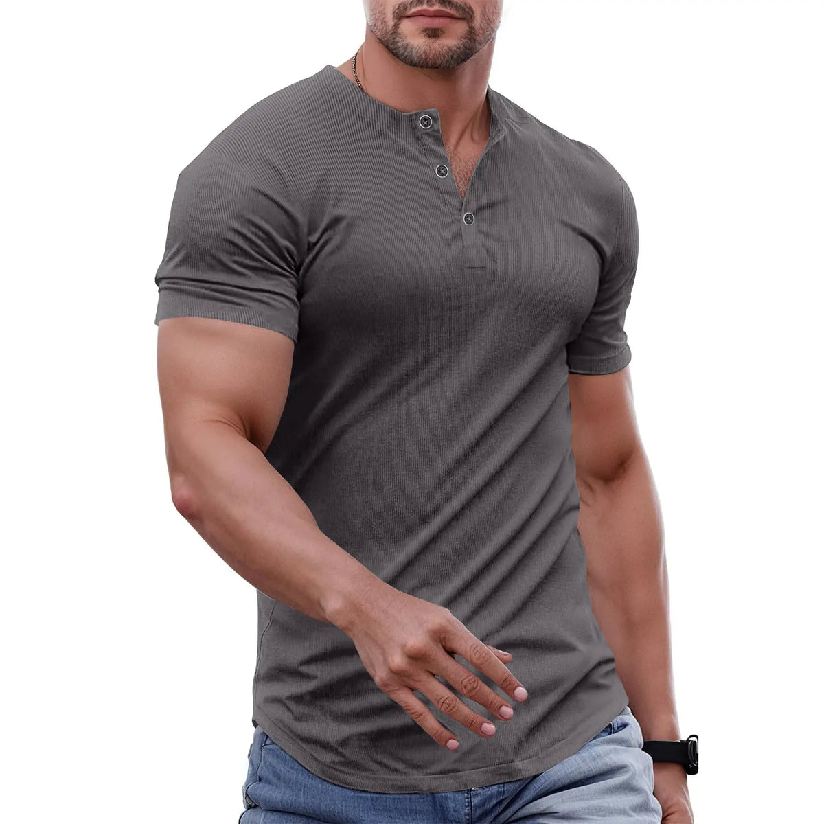 Men's Slim Fit Henley Athletic Longline Workout T-Shirt Heavyweight Stretch