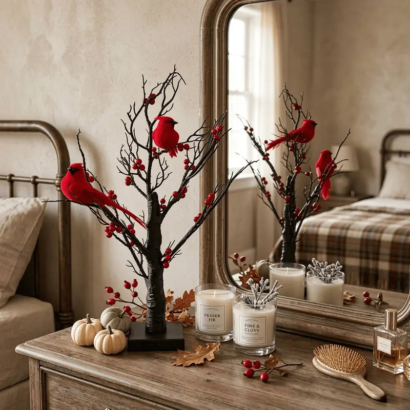 Festival Luminous Vintage Design 2-Piece 21-in Faux Raspberry Tree Stand Decorative Lights - AA-Powered, Red Raspberries, 8 Bird Decorations, Desktop Home/Party Decor for Weddings, Birthdays