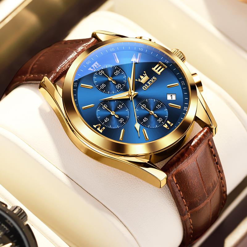 OLEVS Men's Chronograph Watch with Leather Strap, Luminous Hands and Gold Case for Daily Wear