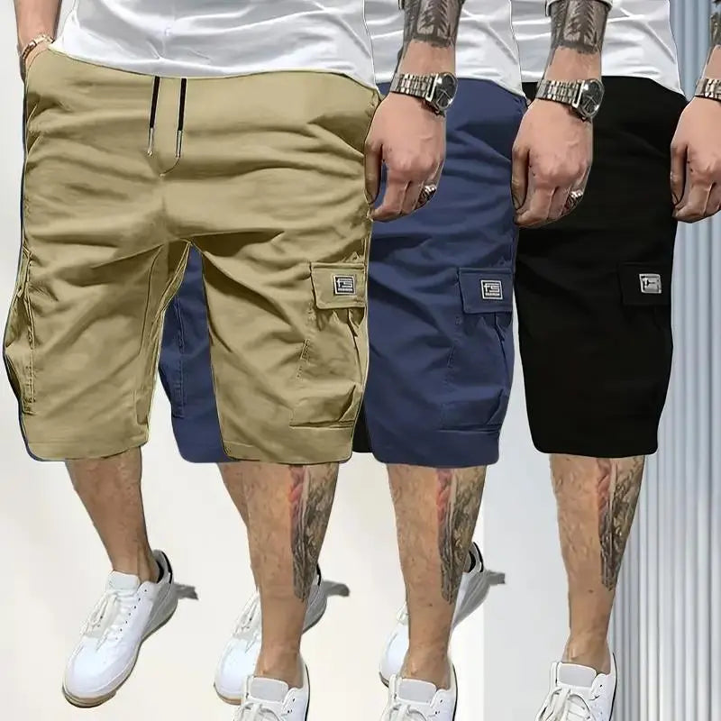 Men’s shorts set (1-piece or 3-piece options; khaki/black/gray) — slanted pockets — single rear side pocket — versatile casual wear — suitable for everyday use; summer shorts ideal for daily outings and vacations; multi-pocket casual shorts