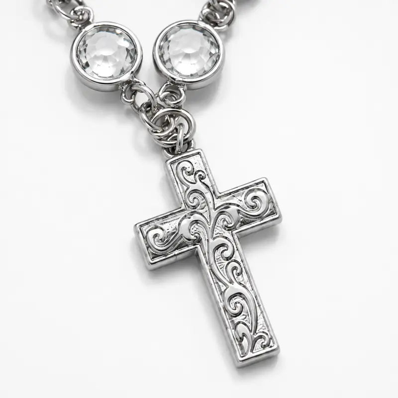 Faith-Inspired Crystal Cross Car Steering Wheel Charm, Silver Tone Beaded Hanging Ornament, Spiritual Blessing Symbol Auto Interior Decor, Meaningful Gift for Drivers,toolupgrade